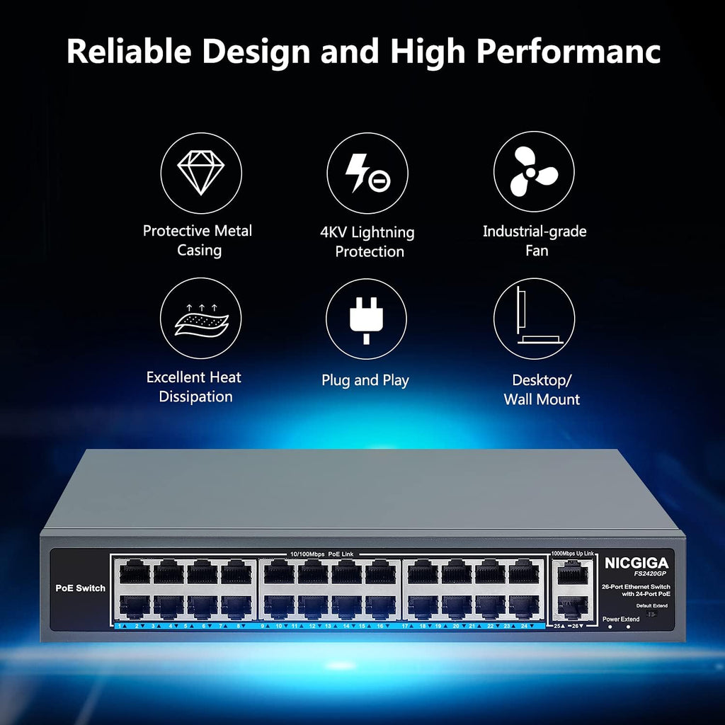 26 Port PoE Switch with 24 Ports 10/100Mbps PoE+@400W, 2 Gigabit Uplink Ports, Metal Case T168345
