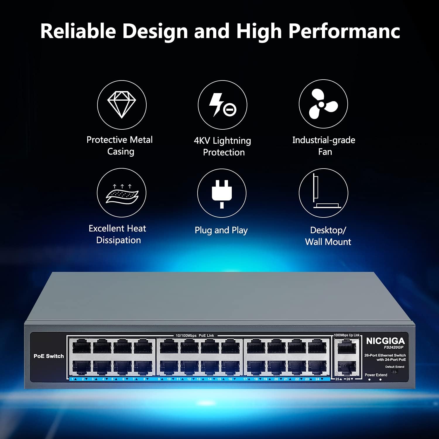 26 Port PoE Switch with 24 Ports 10/100Mbps PoE+@400W, 2 Gigabit Uplink Ports, Metal Case T168345