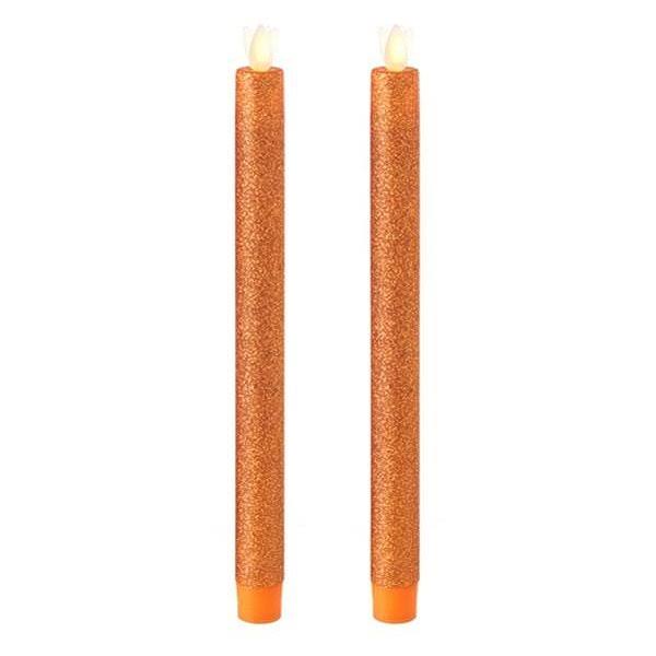 10x22 Orange Glitter Plastic LED Taper Candles with Timer M429