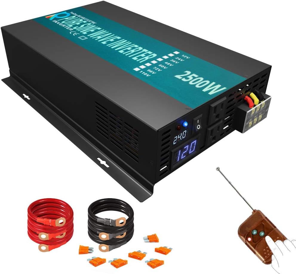 1500Watt 24V DC to 110V 120V Pure Sine Wave Power Inverter with Remote Control Dual AC Outlets A2200