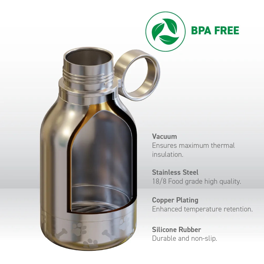 33 Ounce Stainless Steel Insulated Travel Bottle with Dog Bowl (Natural Wood) V174647