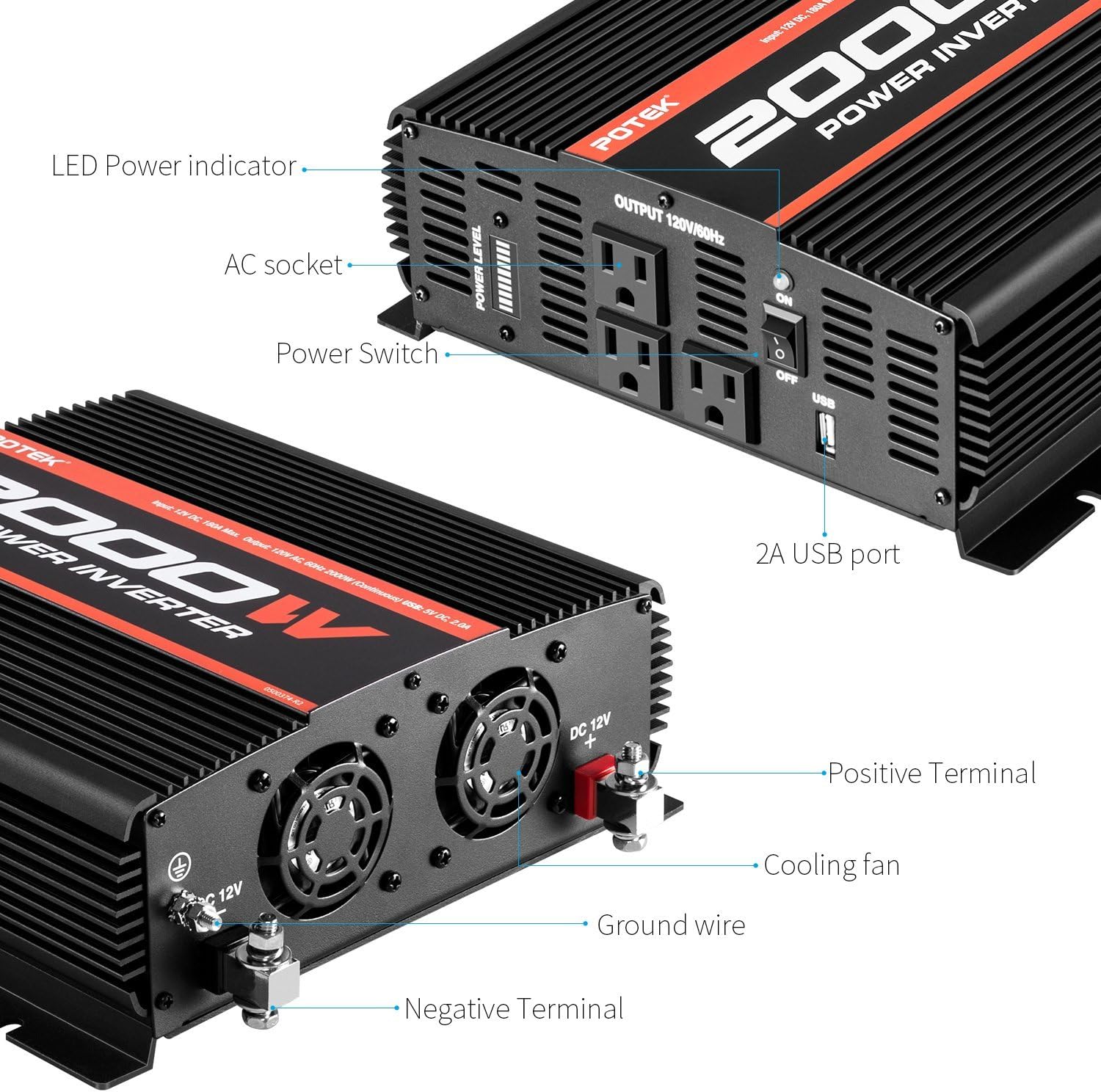 5000W Power Inverter 4 AC Outlets 12V DC to 110V AC Car Inverter with 2 USB Ports R525920