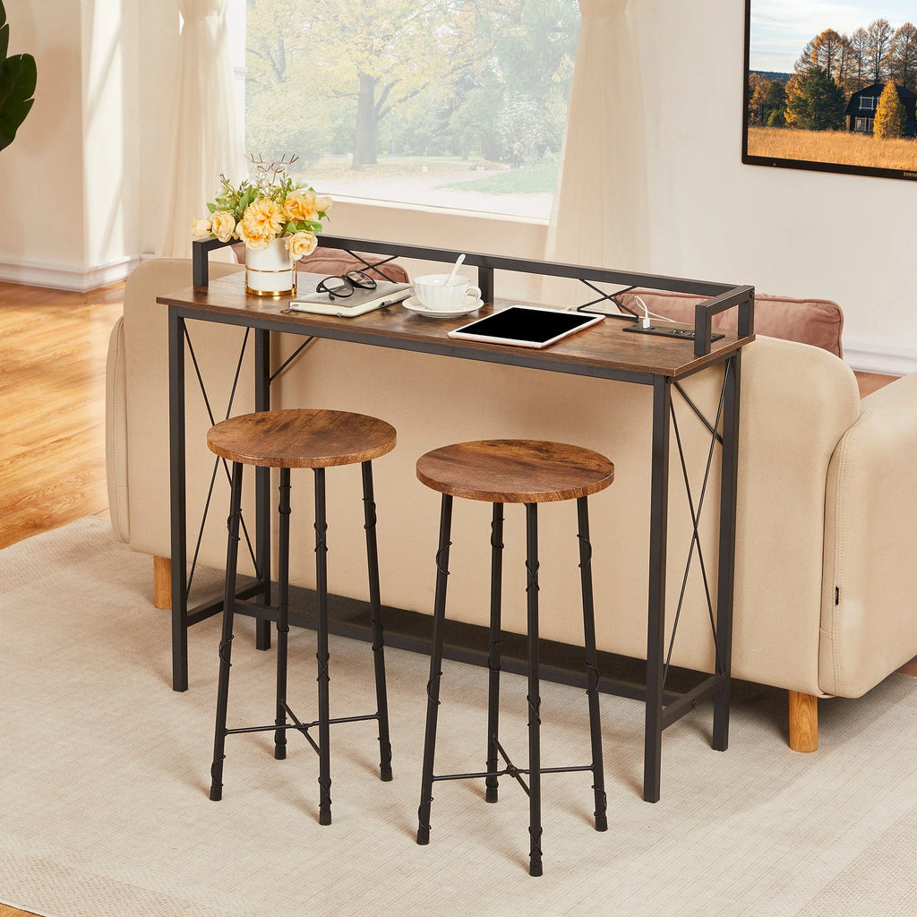 39.4" Console Table with 2 Outlet and 2 USB Ports, Industrial Style Sofa Table, Brown V81630