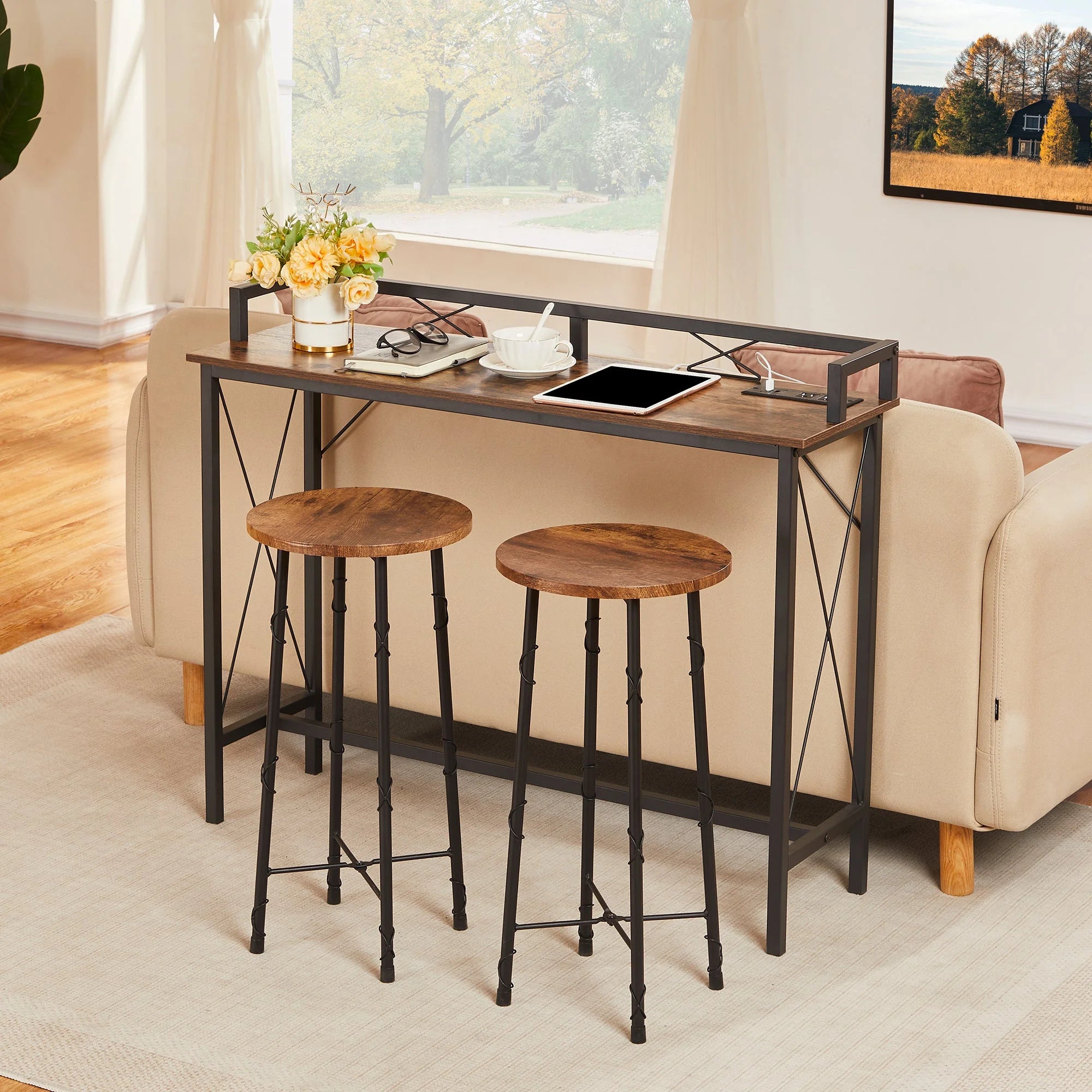 39.4" Console Table with 2 Outlet and 2 USB Ports, Industrial Style Sofa Table, Brown V81630