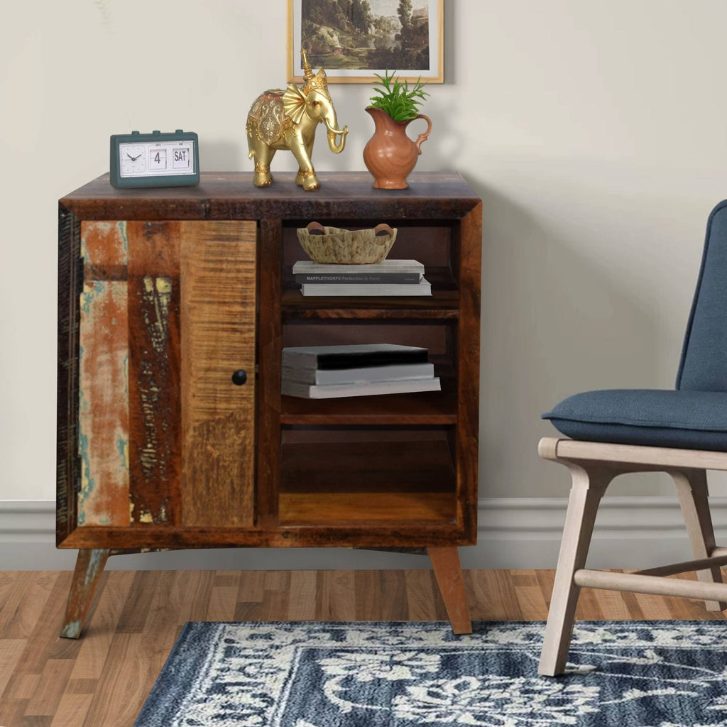 Distressed Brown Wooden Storage Cabinet with Door and 3 Open Shelves B237285