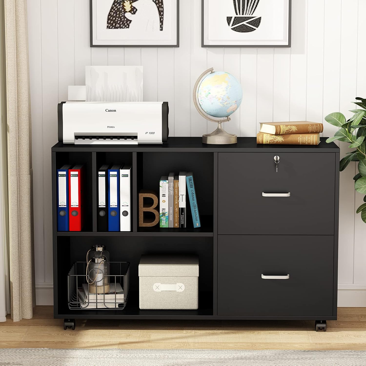 Black Lateral File Cabinet with Lock and Wheels U663200