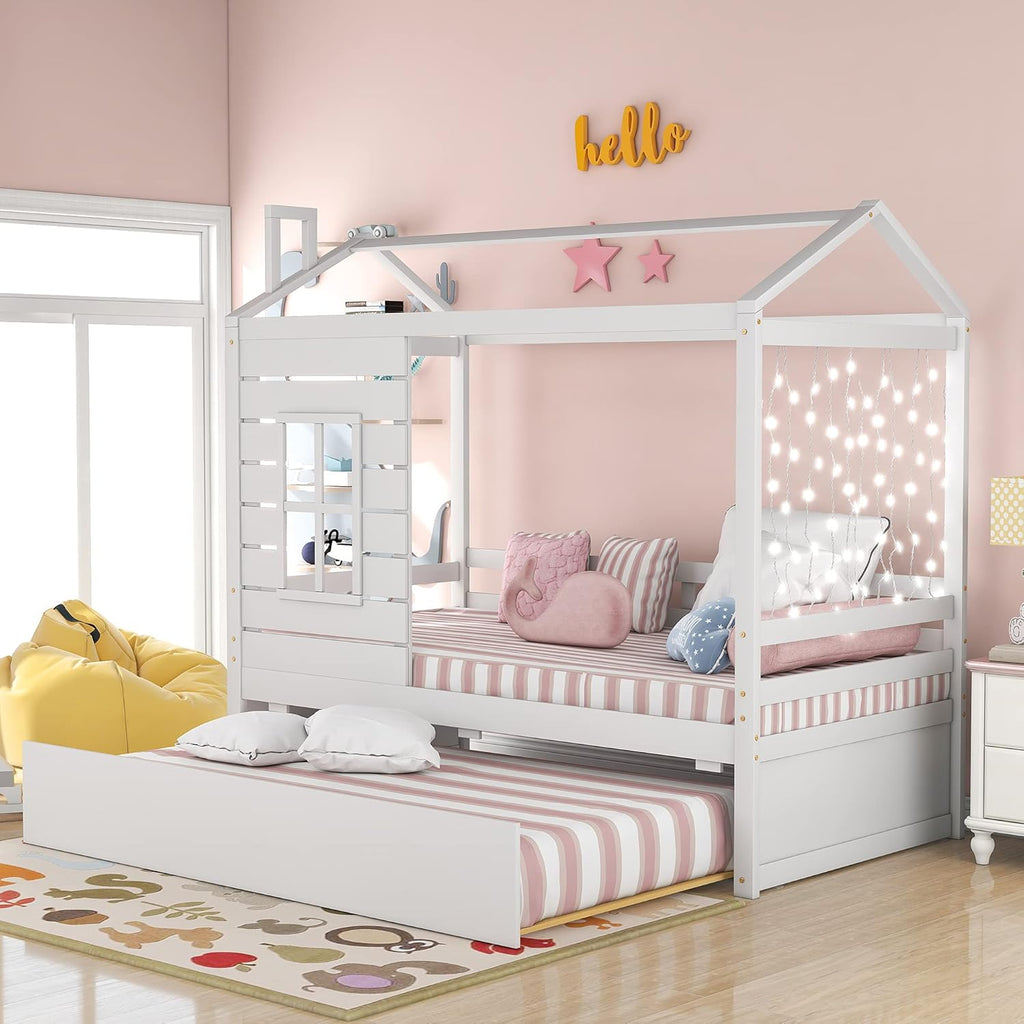 White Twin House Shape Wooden Floor Bed with Trundle Y607