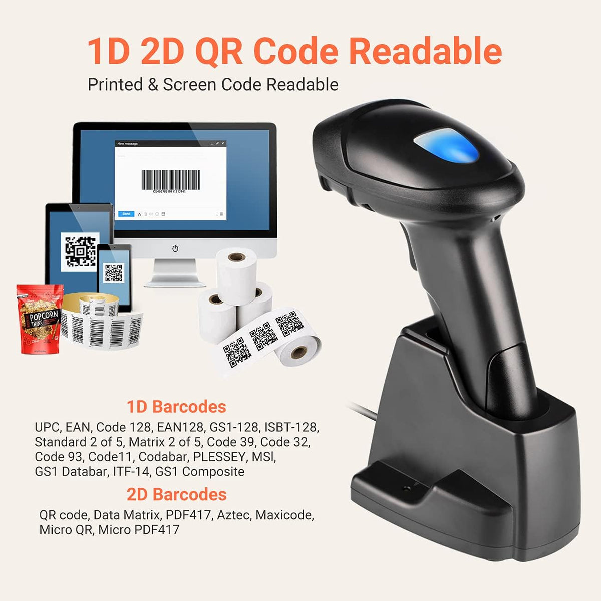 Wireless Barcode Scanner 1D 2D QR with USB Charging Base, Pack of 2 P915770