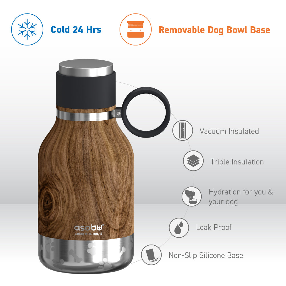 33 Ounce Stainless Steel Insulated Travel Bottle with Dog Bowl (Natural Wood) V174647