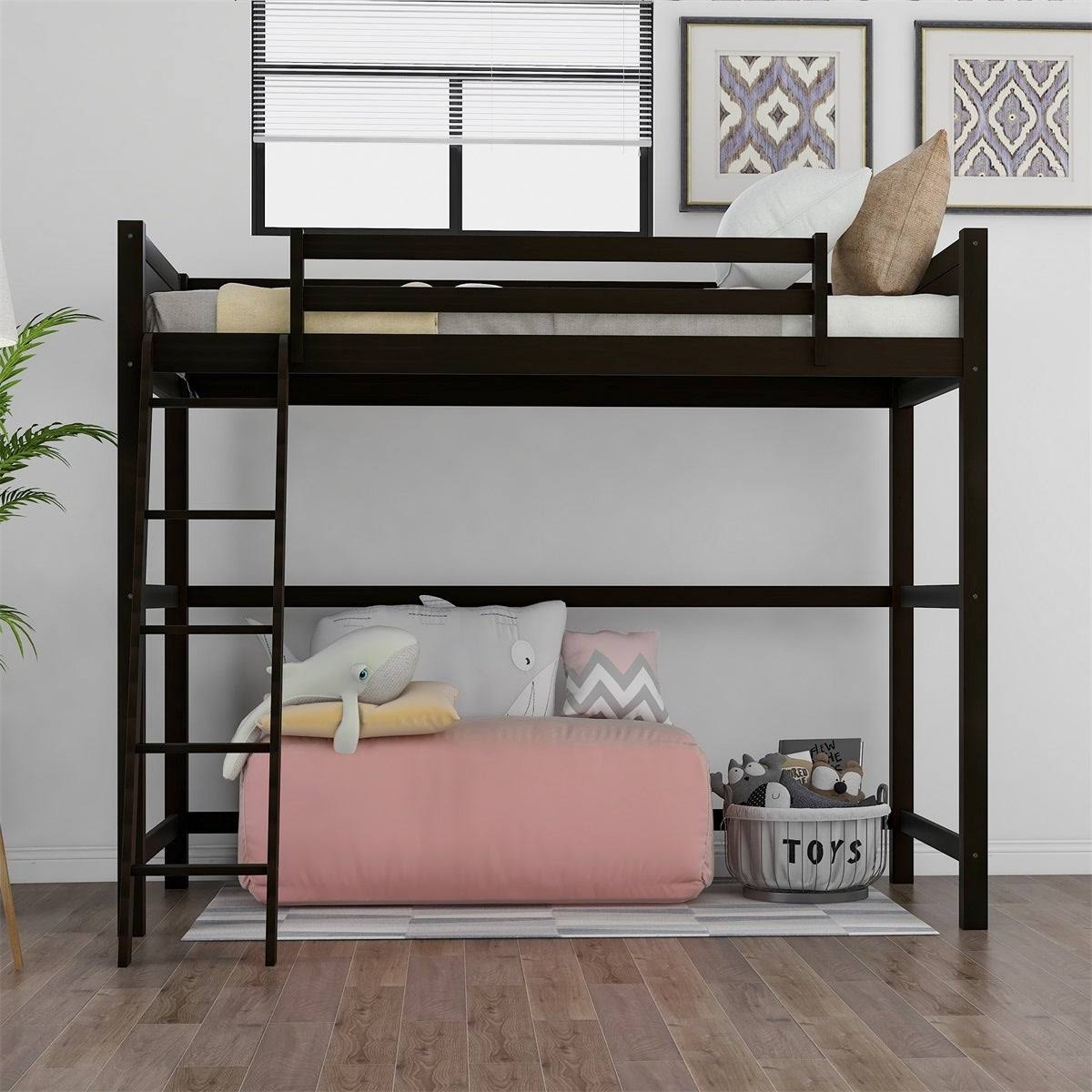 Grey Solid Wood Loft Bed with Angled Ladder K415