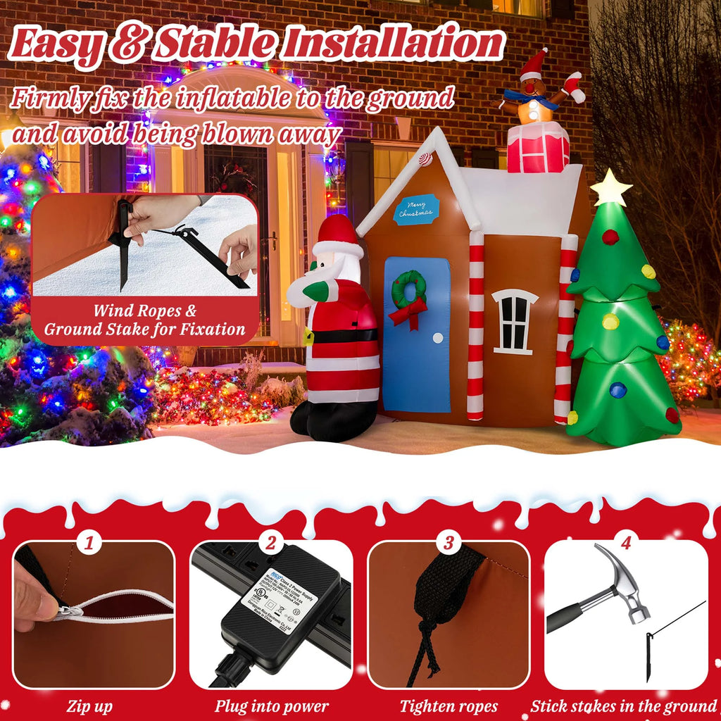 7 FT Inflatable Christmas Ginger House with Santa Claus Christmas Tree LED Lights W841110
