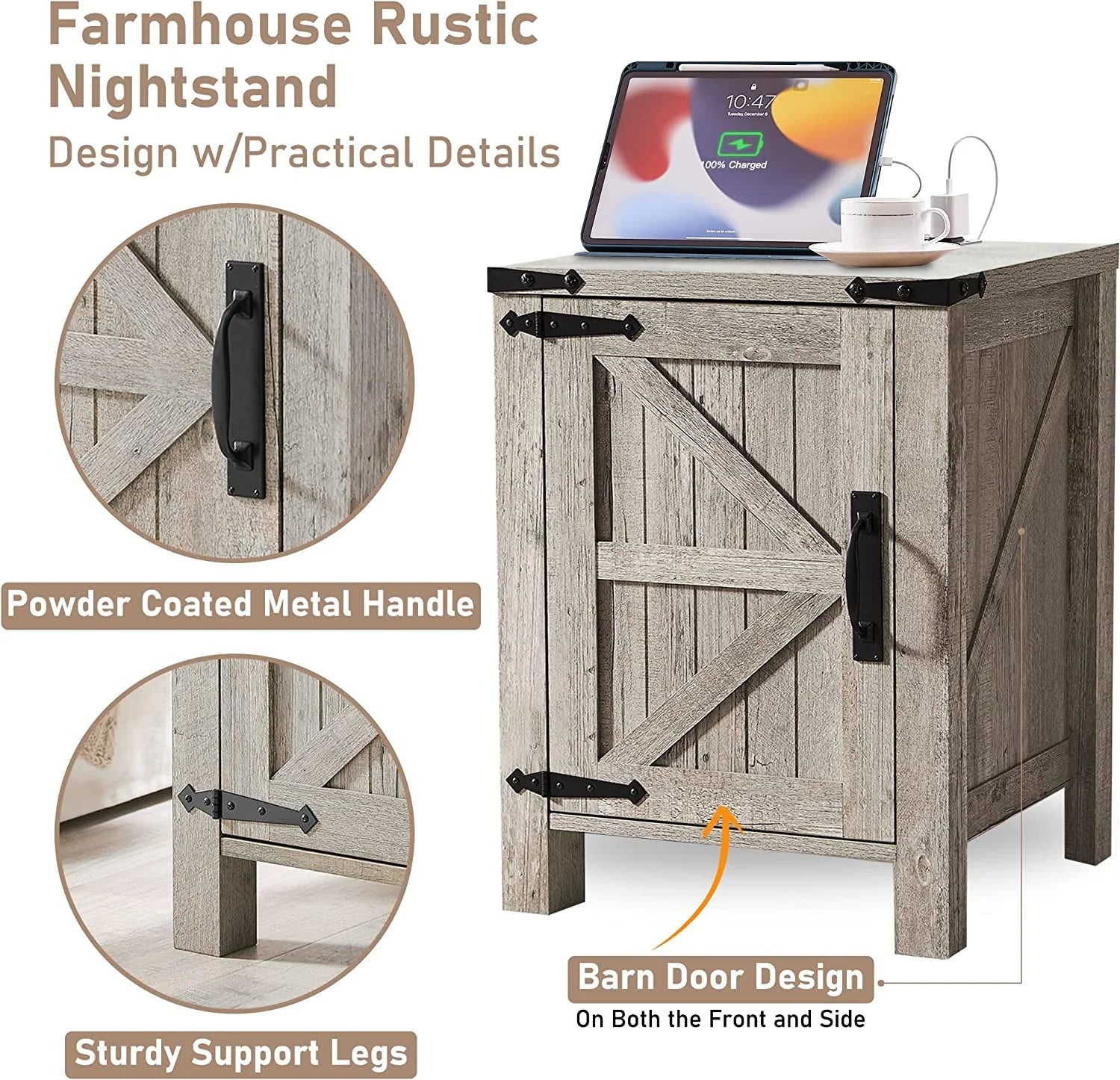 Farmhouse Square End Side Table with Charging Station S7676