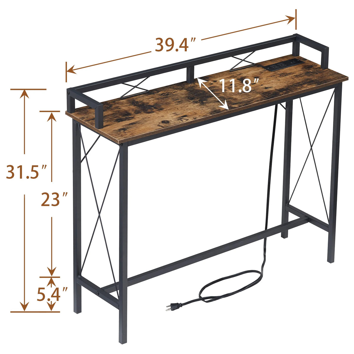 39.4" Console Table with 2 Outlet and 2 USB Ports, Industrial Style Sofa Table, Brown V81630