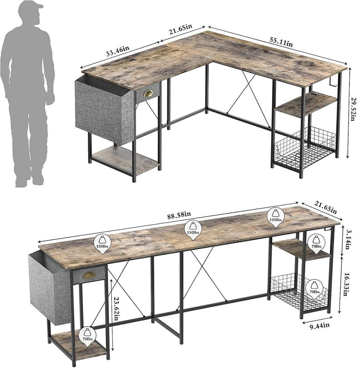 L-Shaped Computer Desk with Storage Shelves Drawer J7690