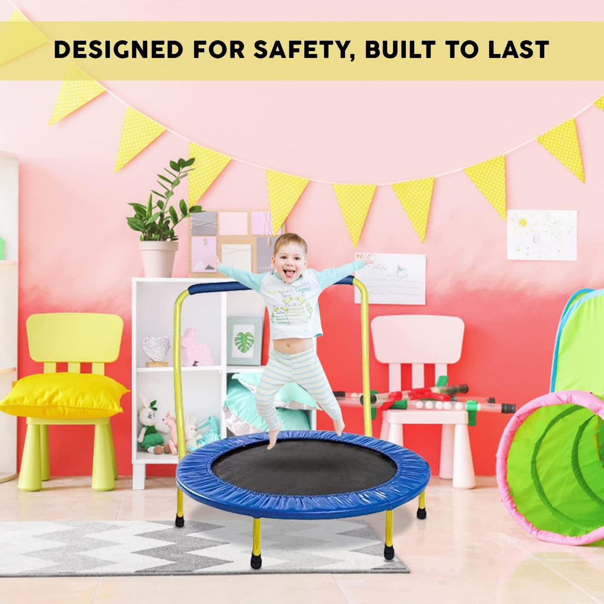 Yellow Blue 36 Inch Round Kids Trampoline with Handle Bar, Pack of 2 H7996