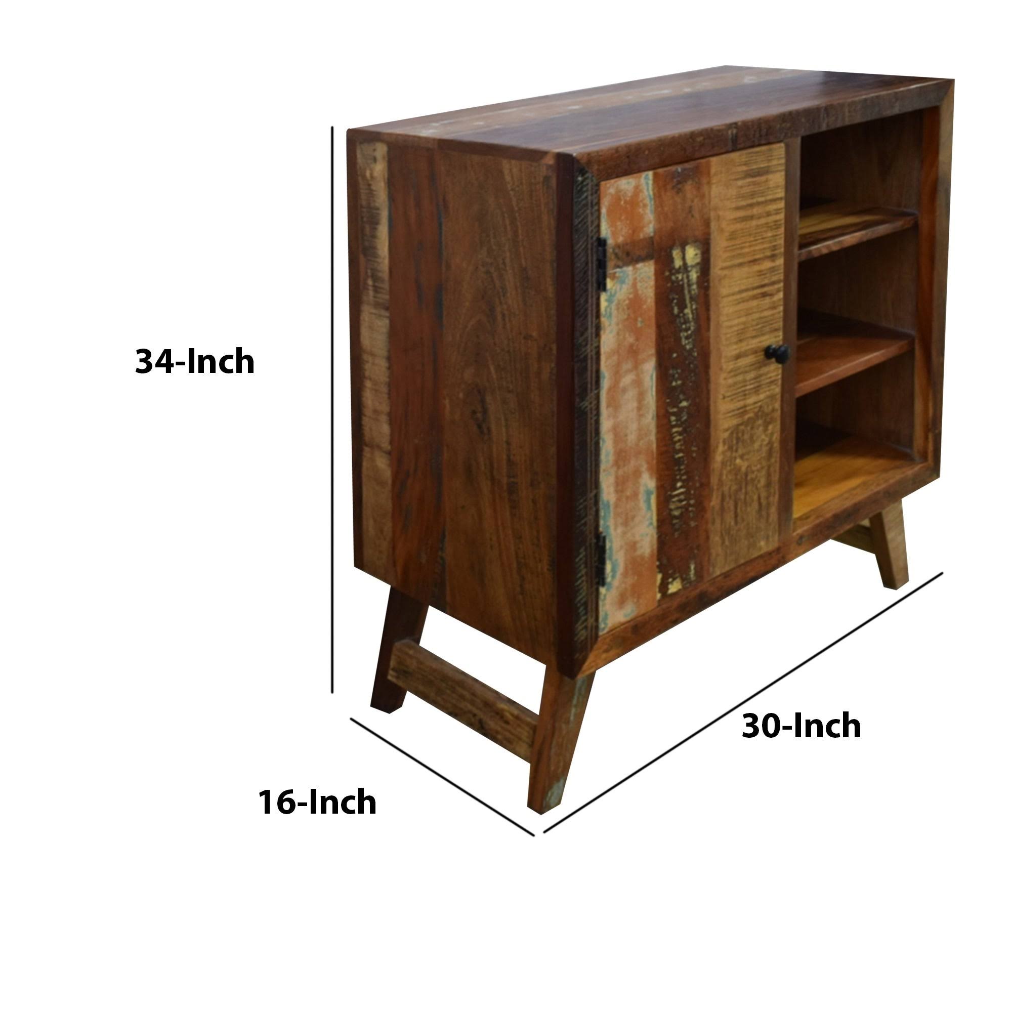 Distressed Brown Wooden Storage Cabinet with Door and 3 Open Shelves B237285