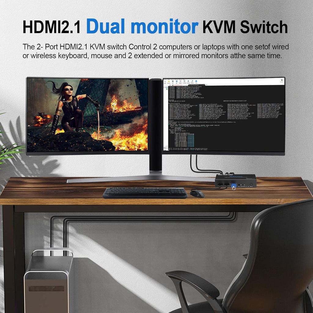 KVM Switch HDMI 2 Input Dual Monitor 4K 120Hz 8K Hot Key IR Remote 2 Computer 2 Monitor Keyboard Mouse Printer, 2 USB3.0 Cable, IR Extender, HDMI2.1 HDCP 2.3 G482