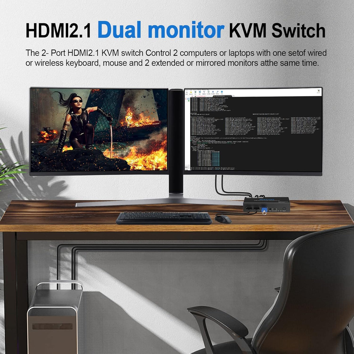 KVM Switch HDMI 2 Input Dual Monitor 4K 120Hz 8K Hot Key IR Remote 2 Computer 2 Monitor Keyboard Mouse Printer, 2 USB3.0 Cable, IR Extender, HDMI2.1 HDCP 2.3 G482