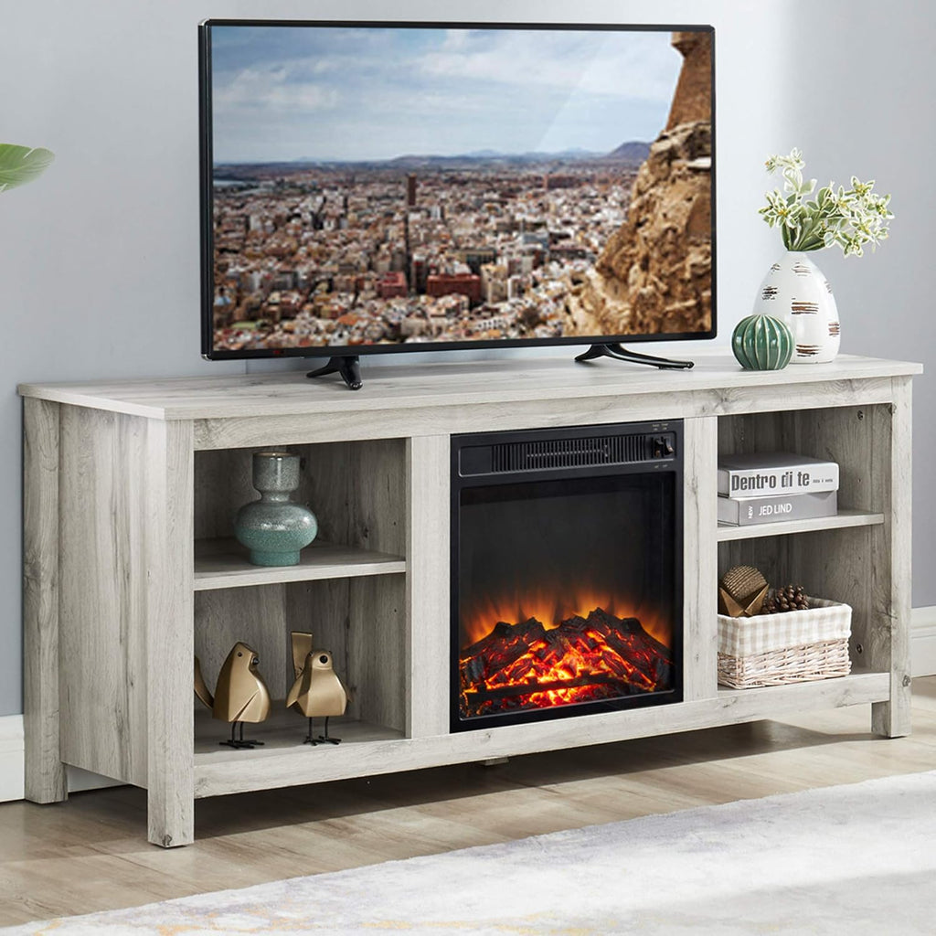 Light Grey Farmhouse Wooden TV Stand with Electric Fireplace Z766