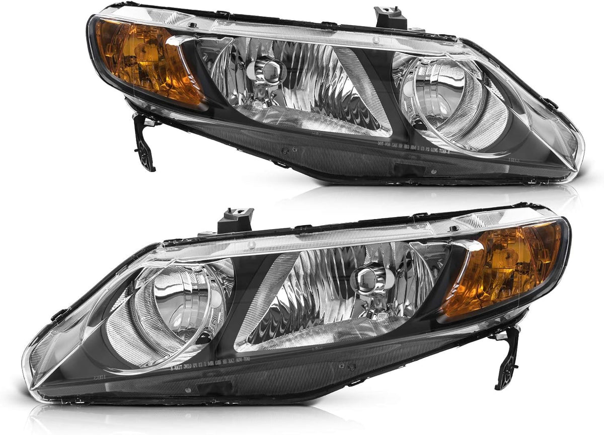 2006-2008 Civic Hybrid / 2009-2011 4-Door Black Housing Amber Reflector Clear Lens Headlight Set T863863