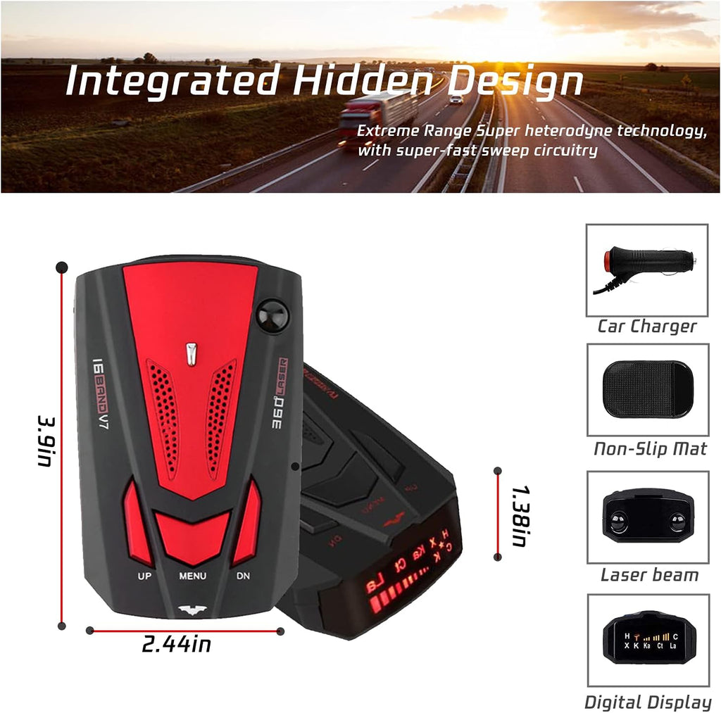 Radar Detector with LED Display, City/Highway Mode, Auto 360 Degree Detection (Red) I984124