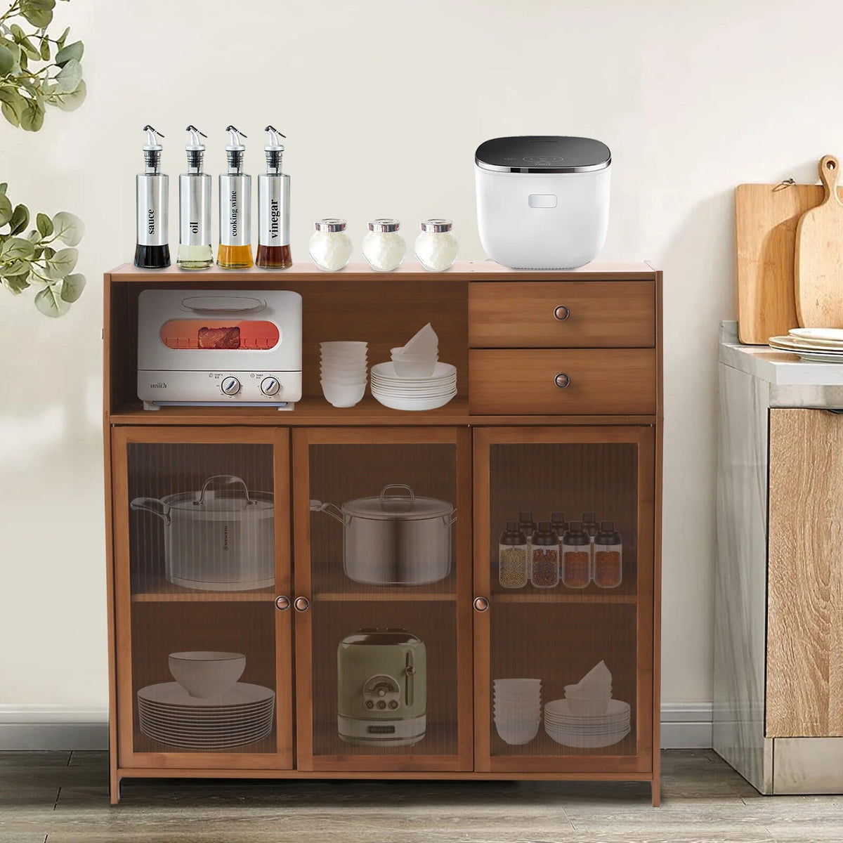 Natural Bamboo Buffet Sideboard Cabinet 39 Inch with 3 Doors A44680