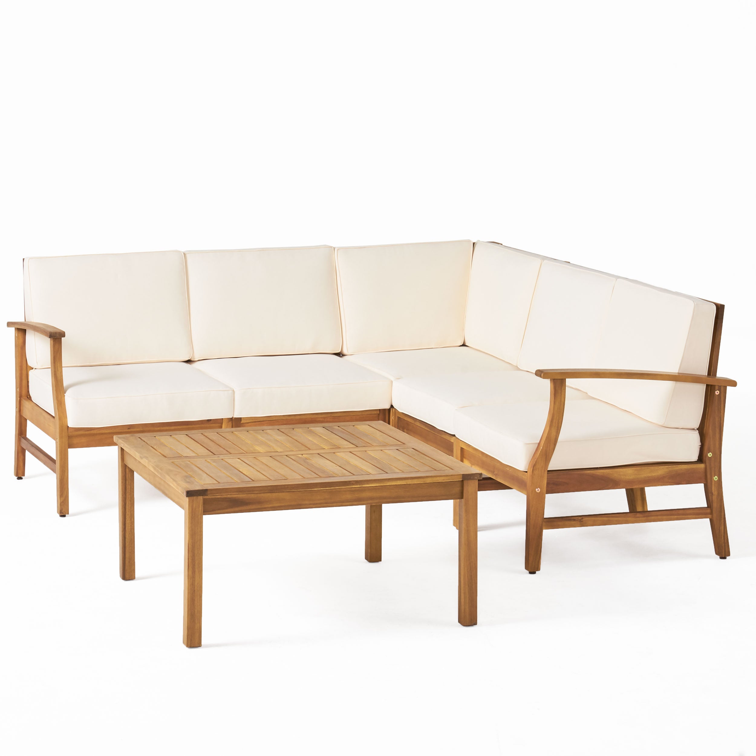 6 Piece Outdoor Acacia Wood Chat Set with Cushions, Teak Finish, Cream X652