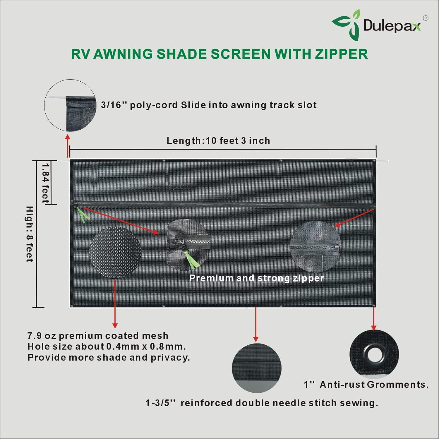 RV Awning Shade Screen with Zipper 8'X10'3'' Universal with Complete Kits E156