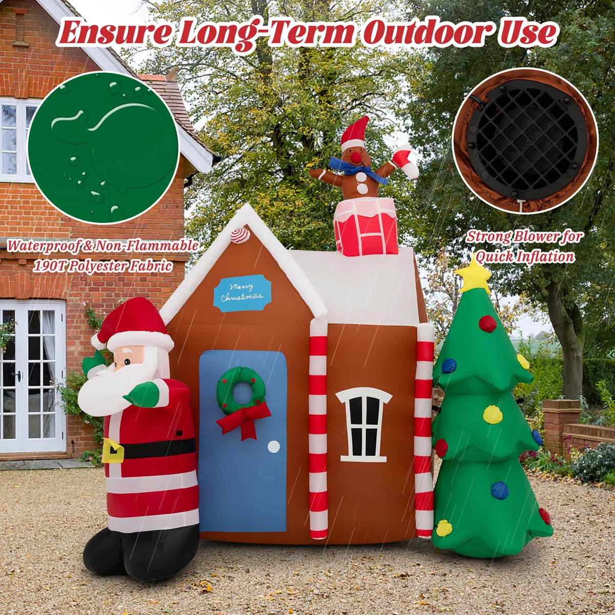 7 FT Inflatable Christmas Ginger House with Santa Claus Christmas Tree LED Lights W841110