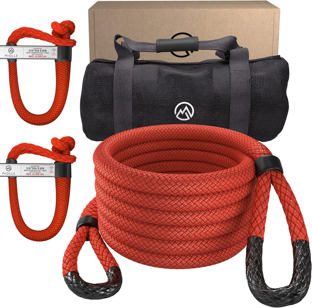 7/8" x 30' Kinetic Recovery & Tow Rope, Red, with 2 Spectra Fiber Soft Shackles D932557
