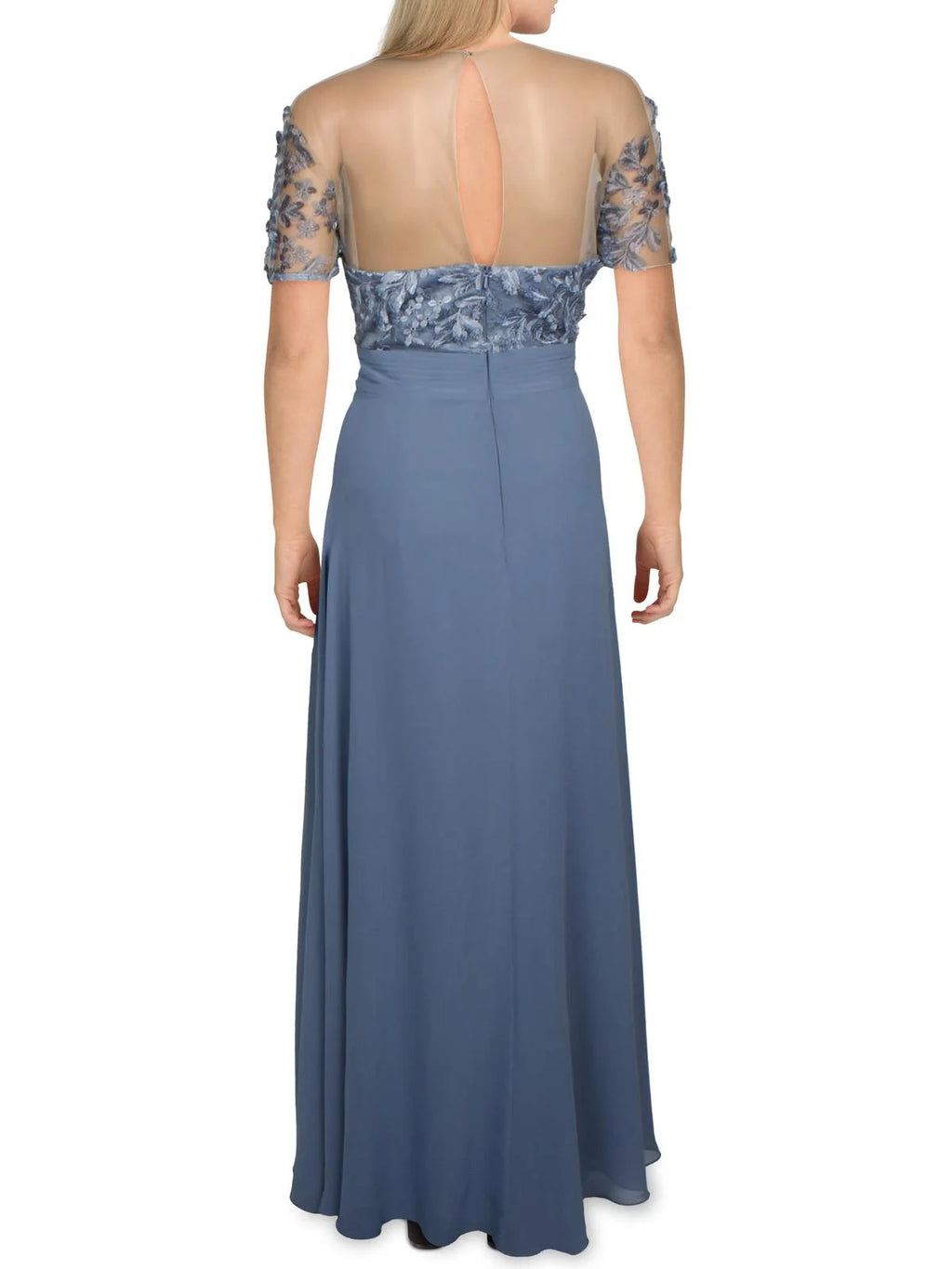 Blue Embroidered Zippered Lace Lined Pleated Floral Short Sleeve Maxi Dress Z77077