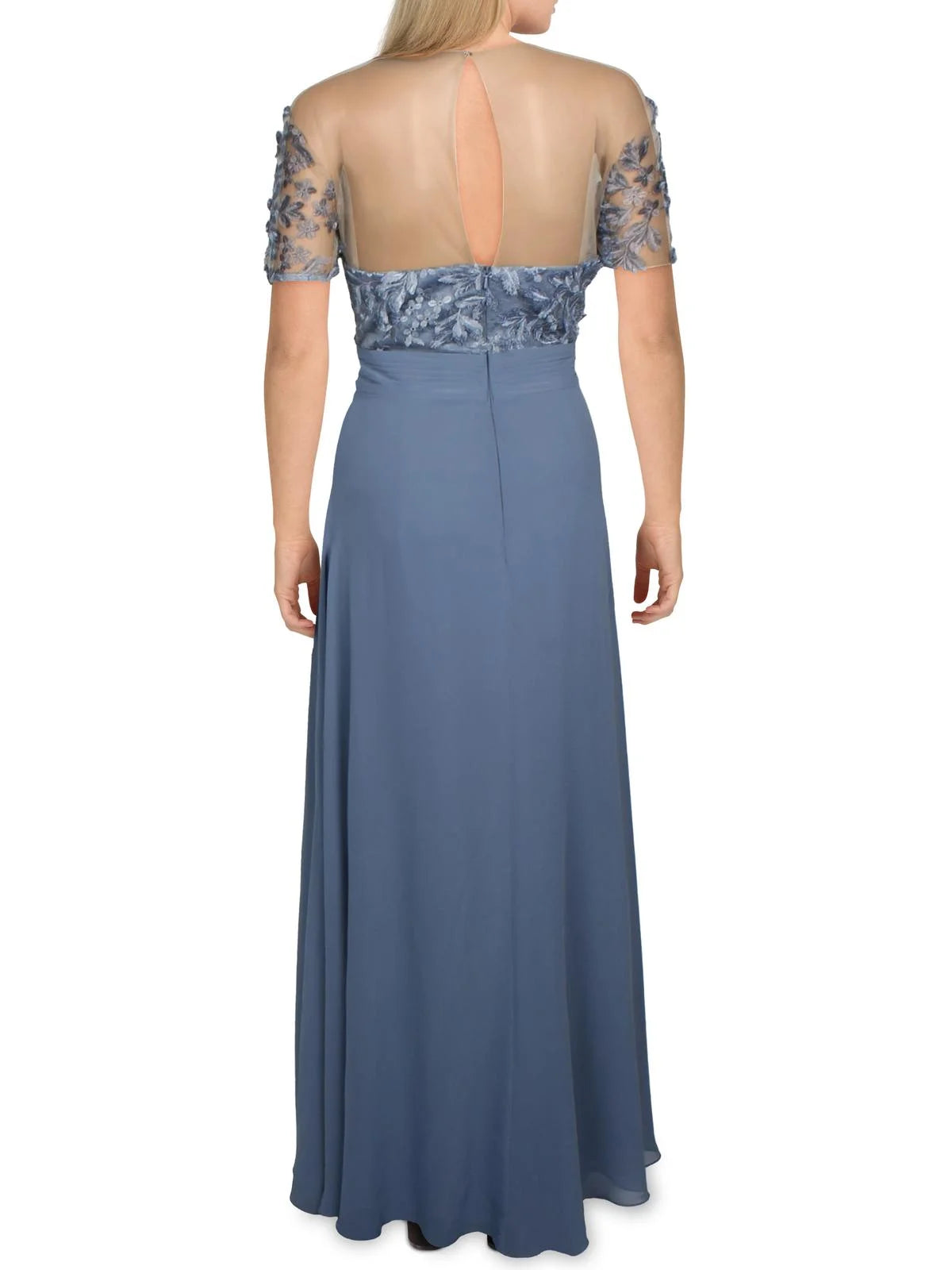Blue Embroidered Zippered Lace Lined Pleated Floral Short Sleeve Maxi Dress Z77077