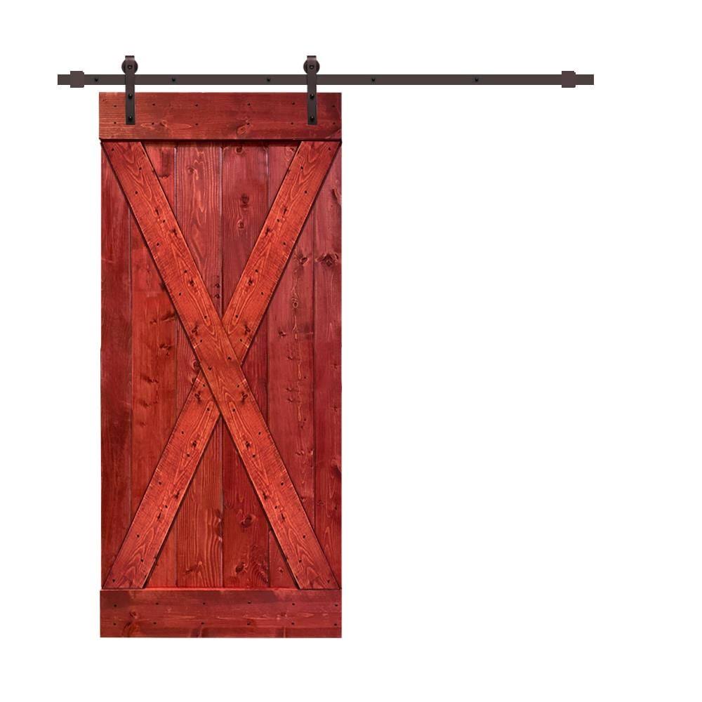 Cherry Red Stained Wood Interior Sliding Barn Door with Hardware Kit F34247