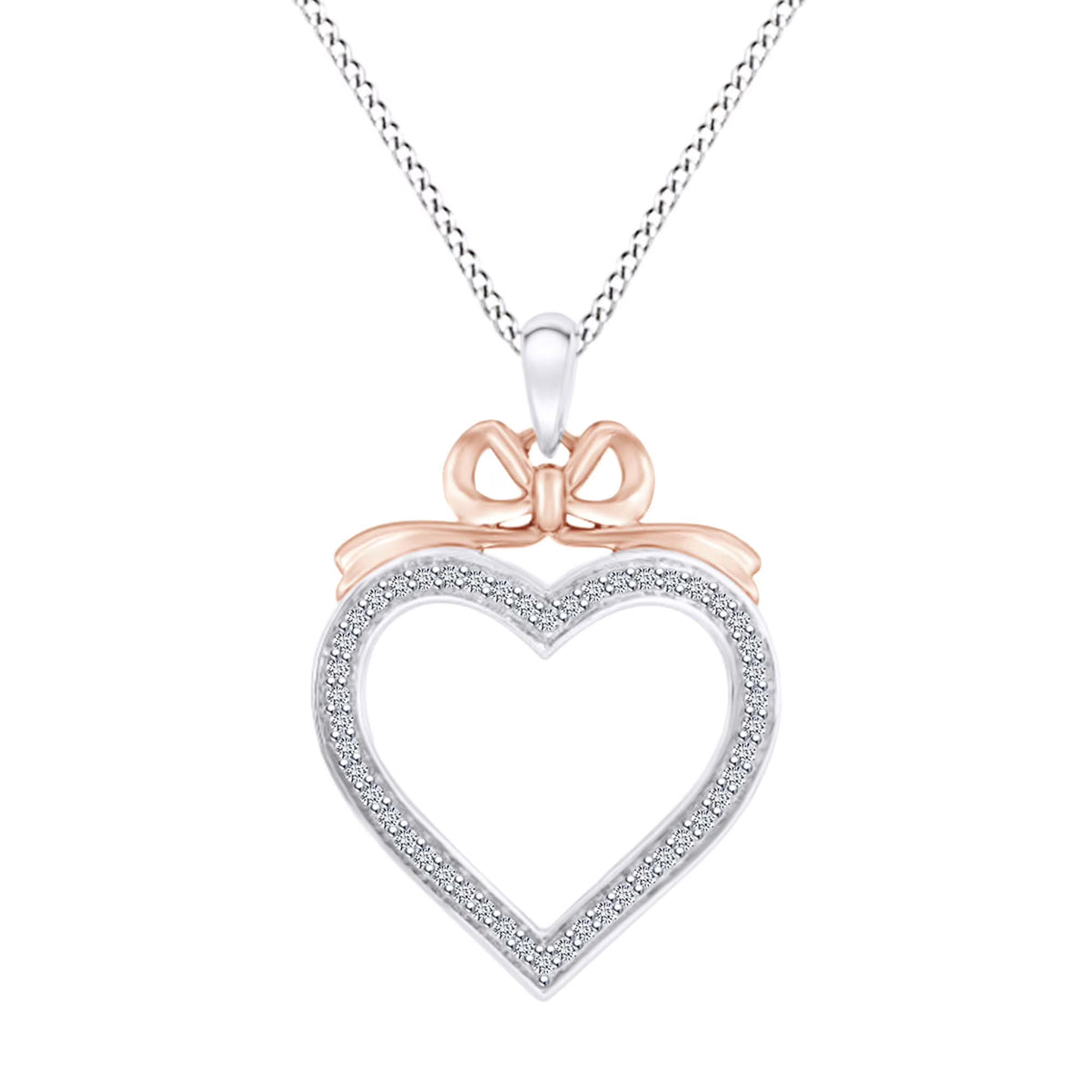 1/5 Ct Round Natural Diamond Bow Heart Pendant Necklace 925 Sterling Silver 10K Solid Rose Gold V174786