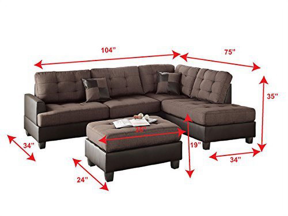 Chocolate Linen-Like Fabric Reversible Sectional Sofa Chaise Ottoman Set with 2 Accent Pillows E714