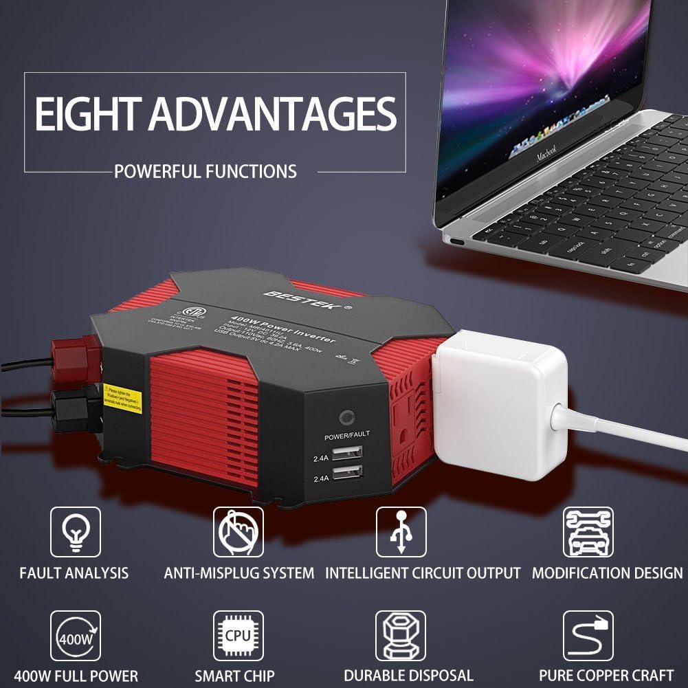 400W/500W DC 12V 110V Power Inverter with 4 USB Charging Ports, 2 AC Outlets, Pack of 2 E2407