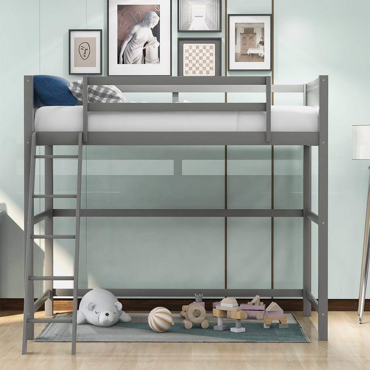 Grey Solid Wood Loft Bed with Angled Ladder K415