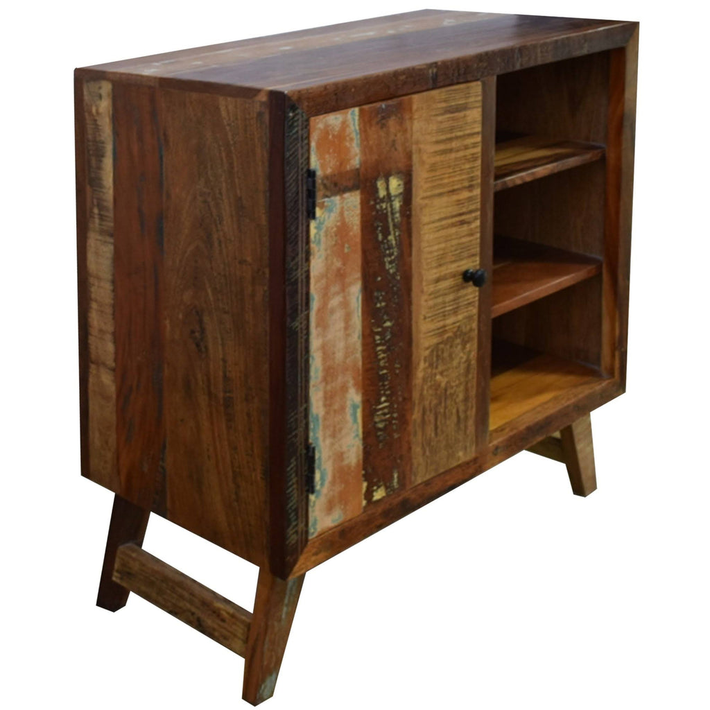 Distressed Brown Wooden Storage Cabinet with Door and 3 Open Shelves B237285