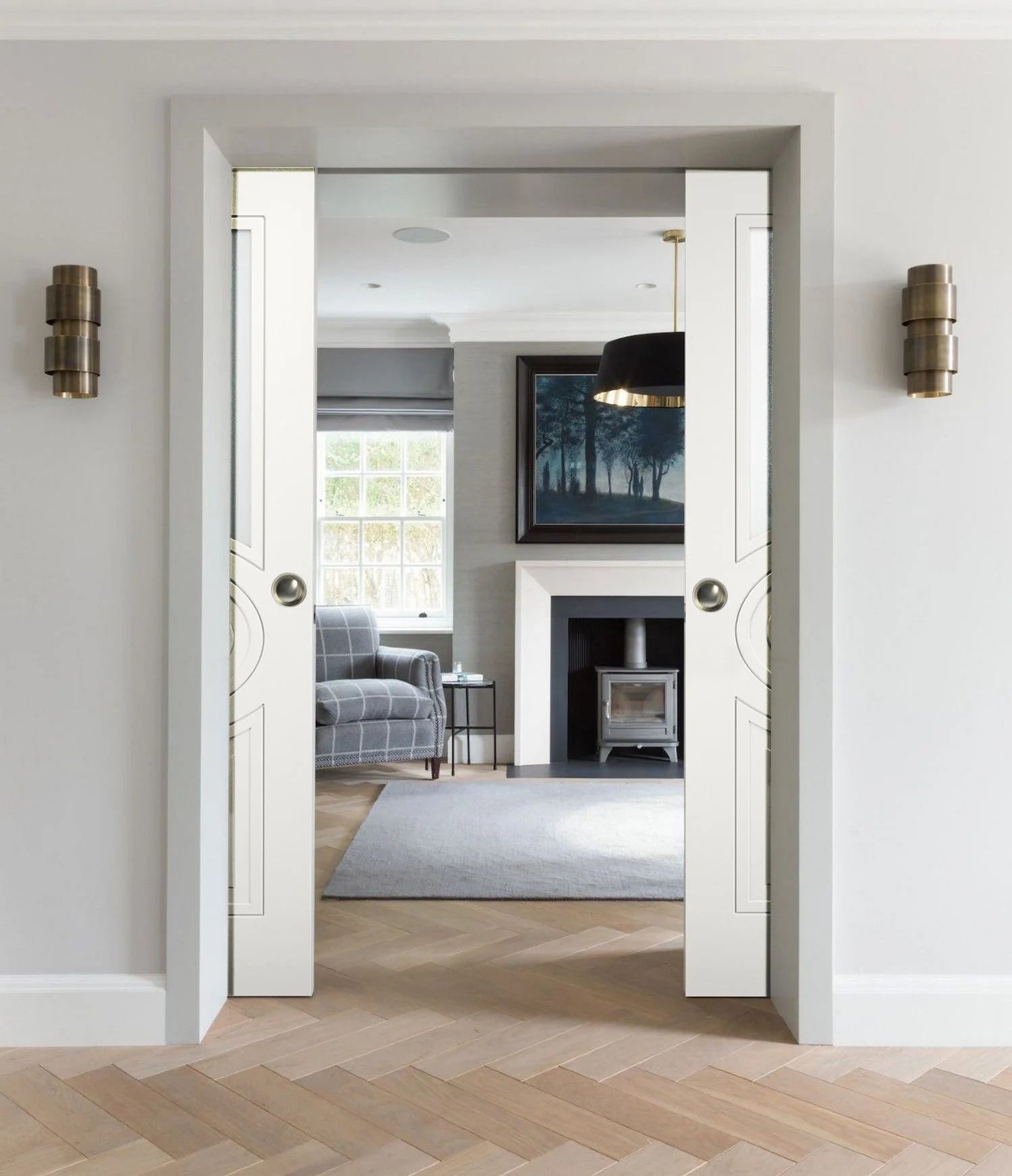 Sliding French Double Pocket Doors 36 x 84 inches Opaque Glass Matte White MDF Interior Doors J212341