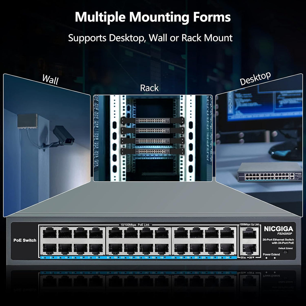 26 Port PoE Switch with 24 Ports 10/100Mbps PoE+@400W, 2 Gigabit Uplink Ports, Metal Case T168345
