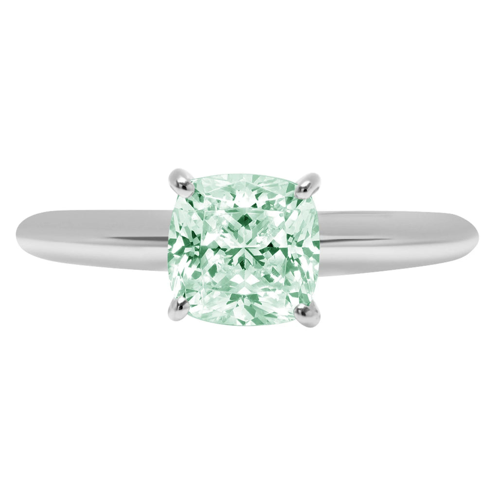1.5ct Cushion Cut Green Simulated Diamond Solid 18k White Gold Solitaire Ring Size 3.5 R954
