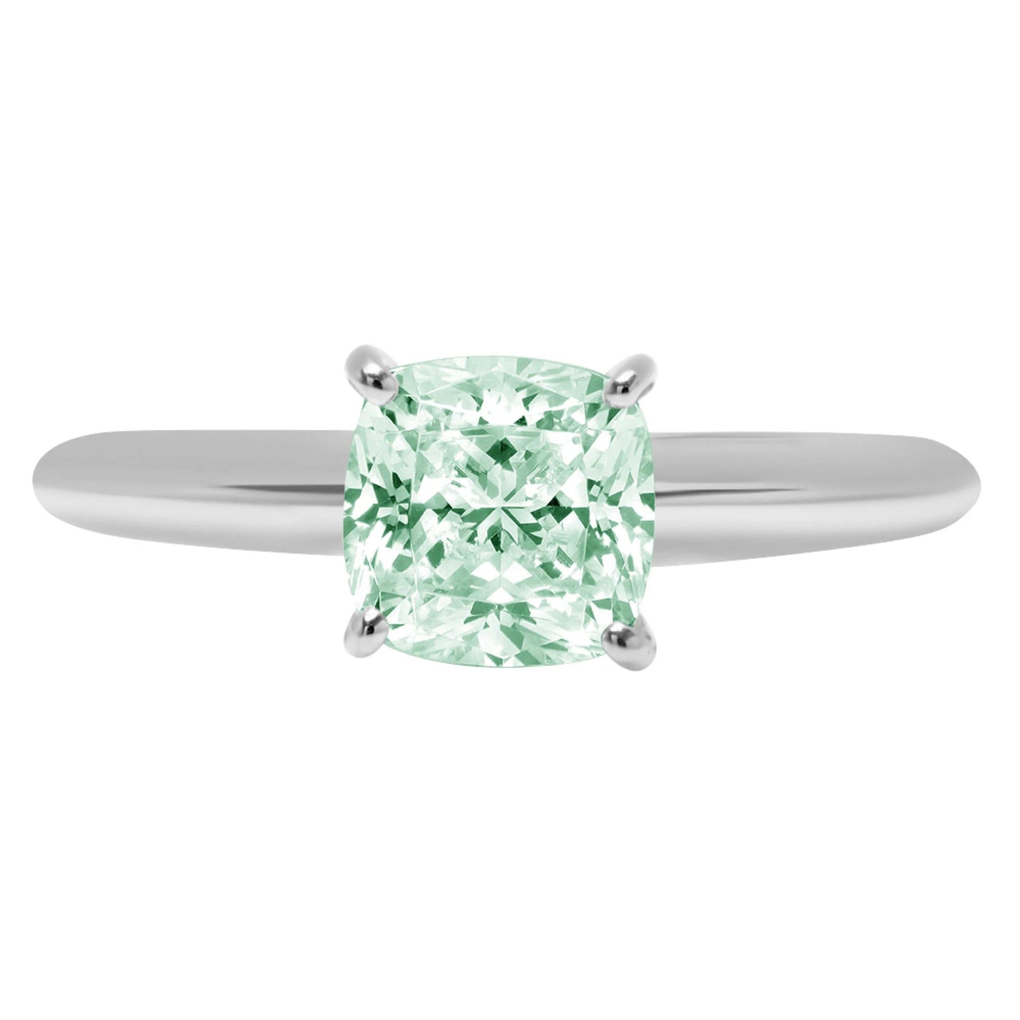 1.5ct Cushion Cut Green Simulated Diamond Solid 18k White Gold Solitaire Ring Size 3.5 R954