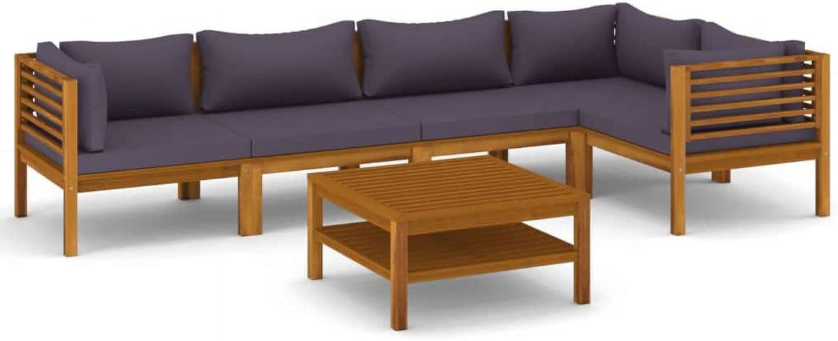 6 Piece Patio Lounge Set with Cushion Solid Acacia Wood Outdoor Couch Gray U87520