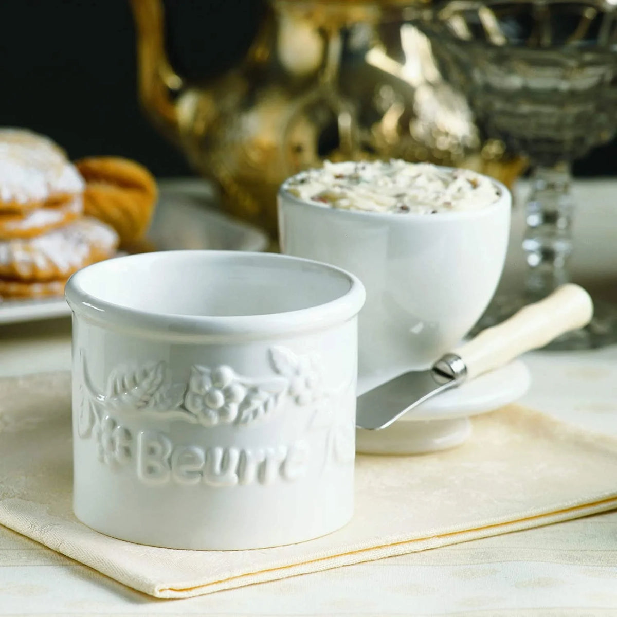 White Raised Floral French Ceramic Butter Dish Keeper W5928