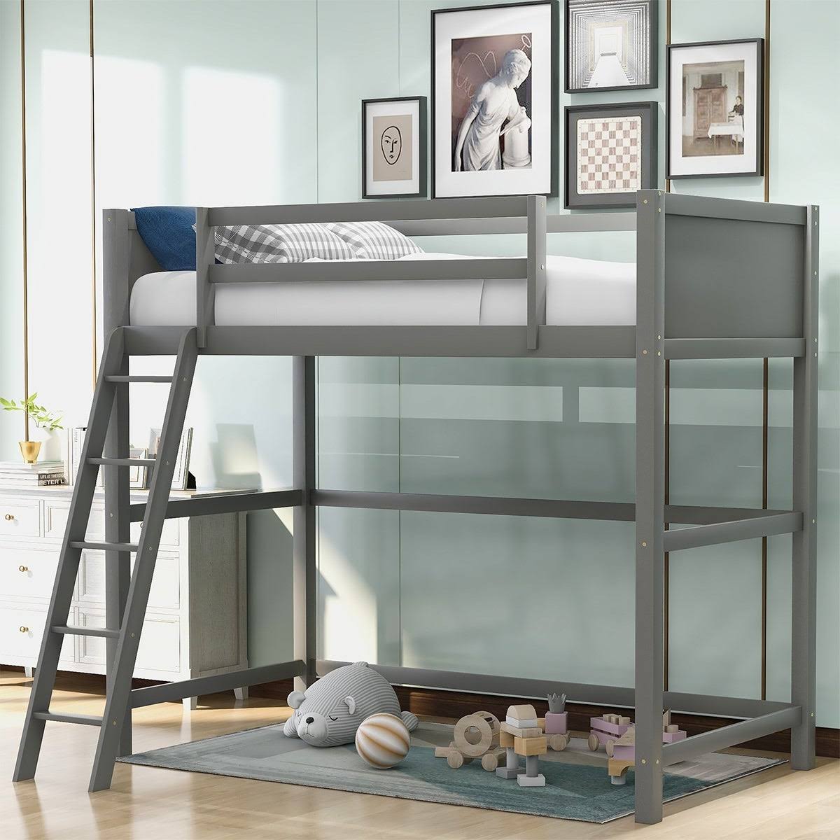 Grey Solid Wood Loft Bed with Angled Ladder K415
