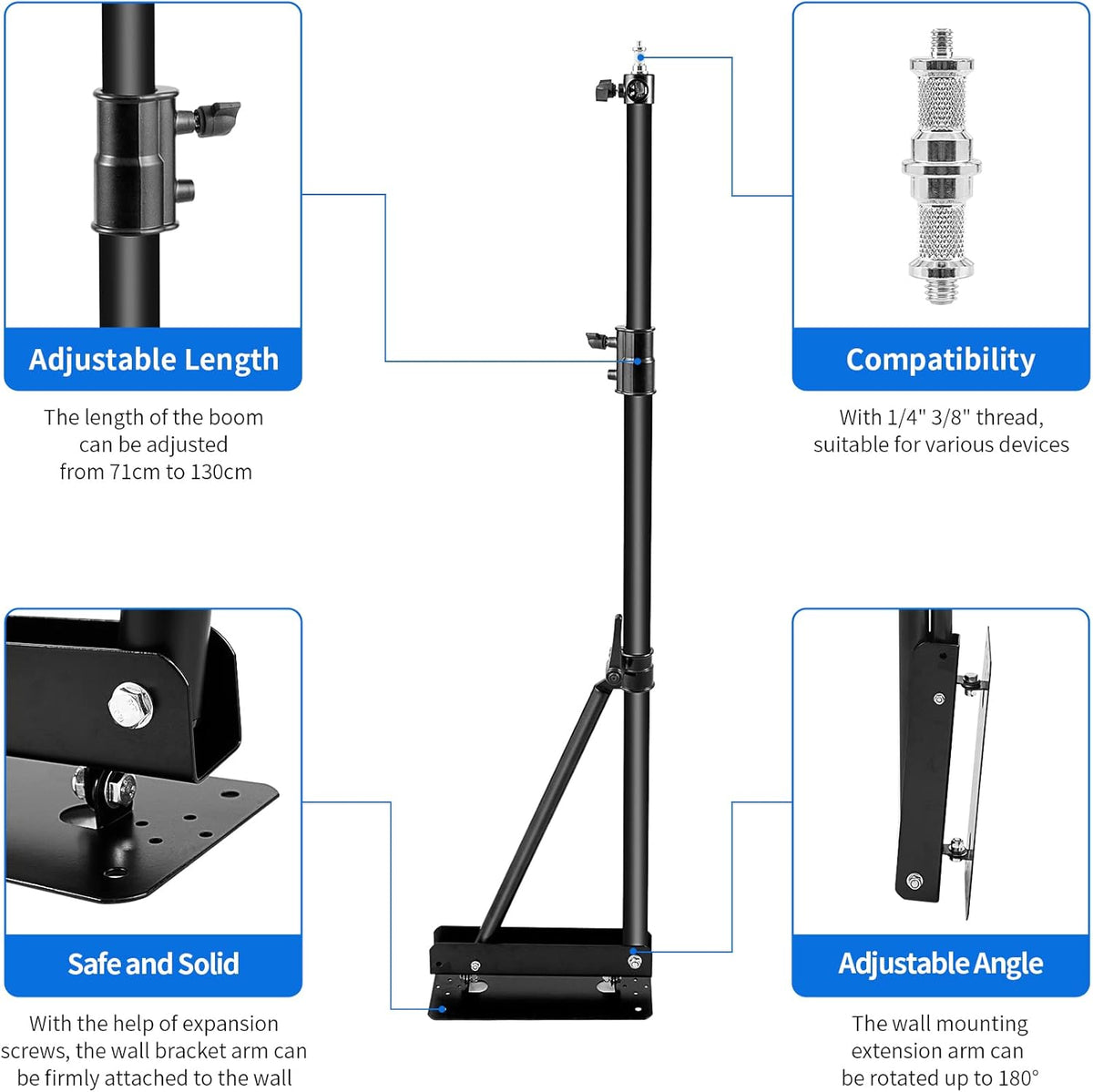 Wall Camera Mount with Triangle Base, 70.8 inch Adjustable Boom Arm P9780