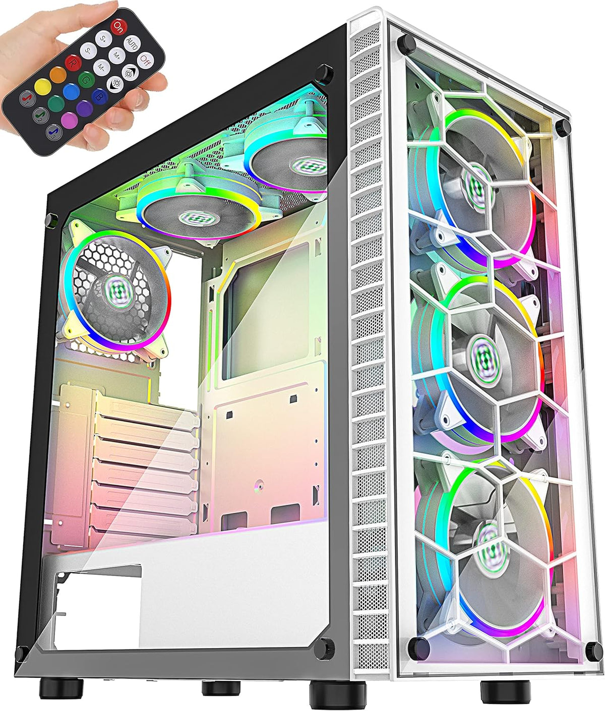 White 6pcs 120mm ARGB Fans ATX Mid-Tower PC Gaming Case with 2 Tempered Glass Panels V892415