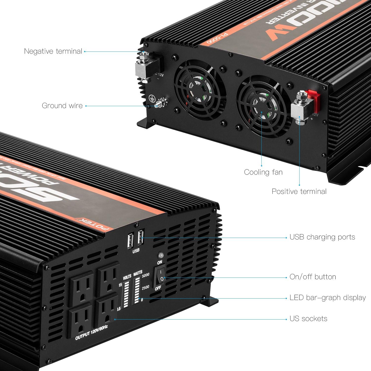 5000W Power Inverter 4 AC Outlets 12V DC to 110V AC Car Inverter with 2 USB Ports R525920