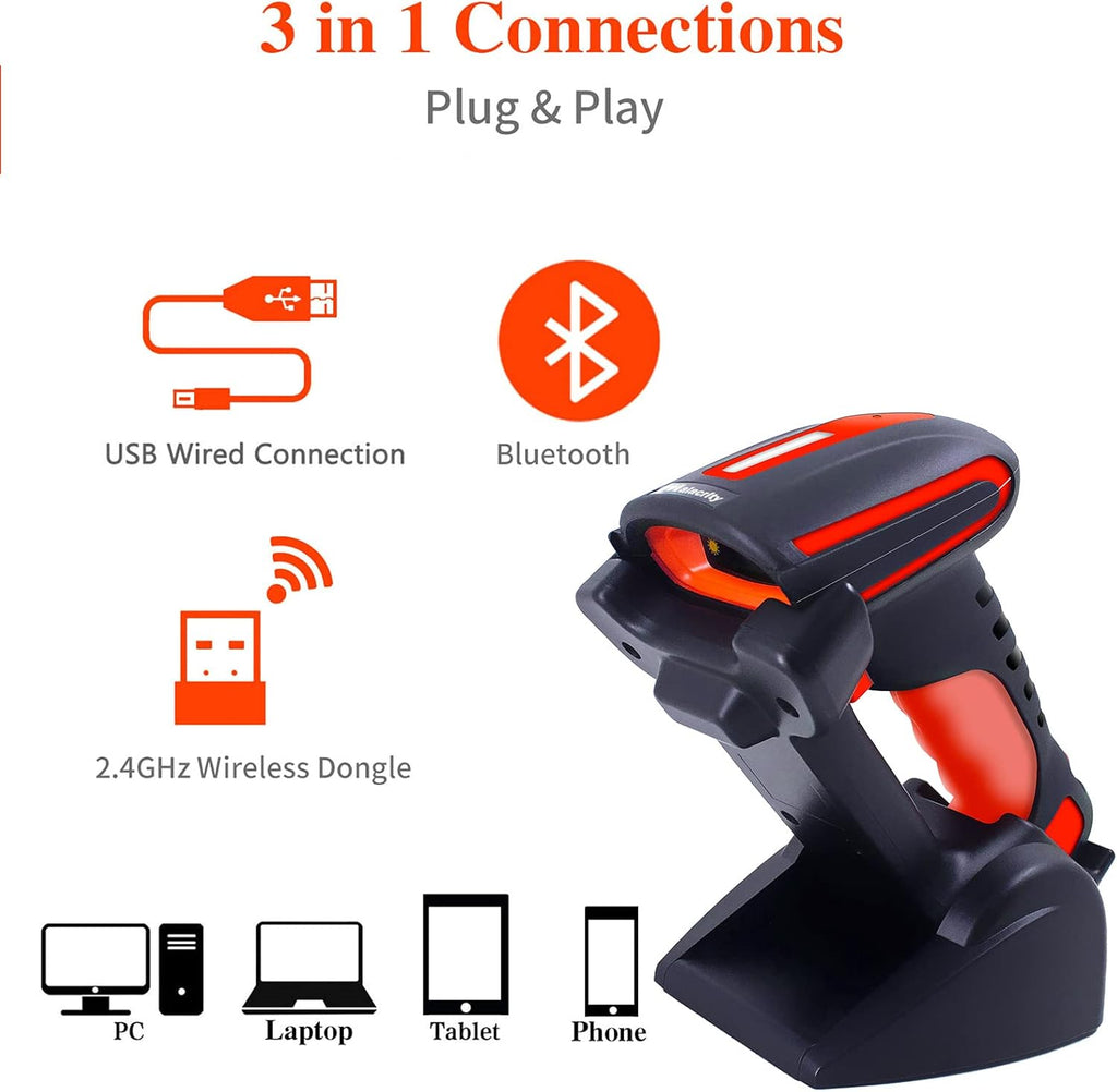 2D 1D QR Industrial Barcode Scanner with Stand, Bluetooth & 2.4GHz Wireless & Wired USB 3in1, Hands Free Barcode Reader, Pack of 2 Y412251