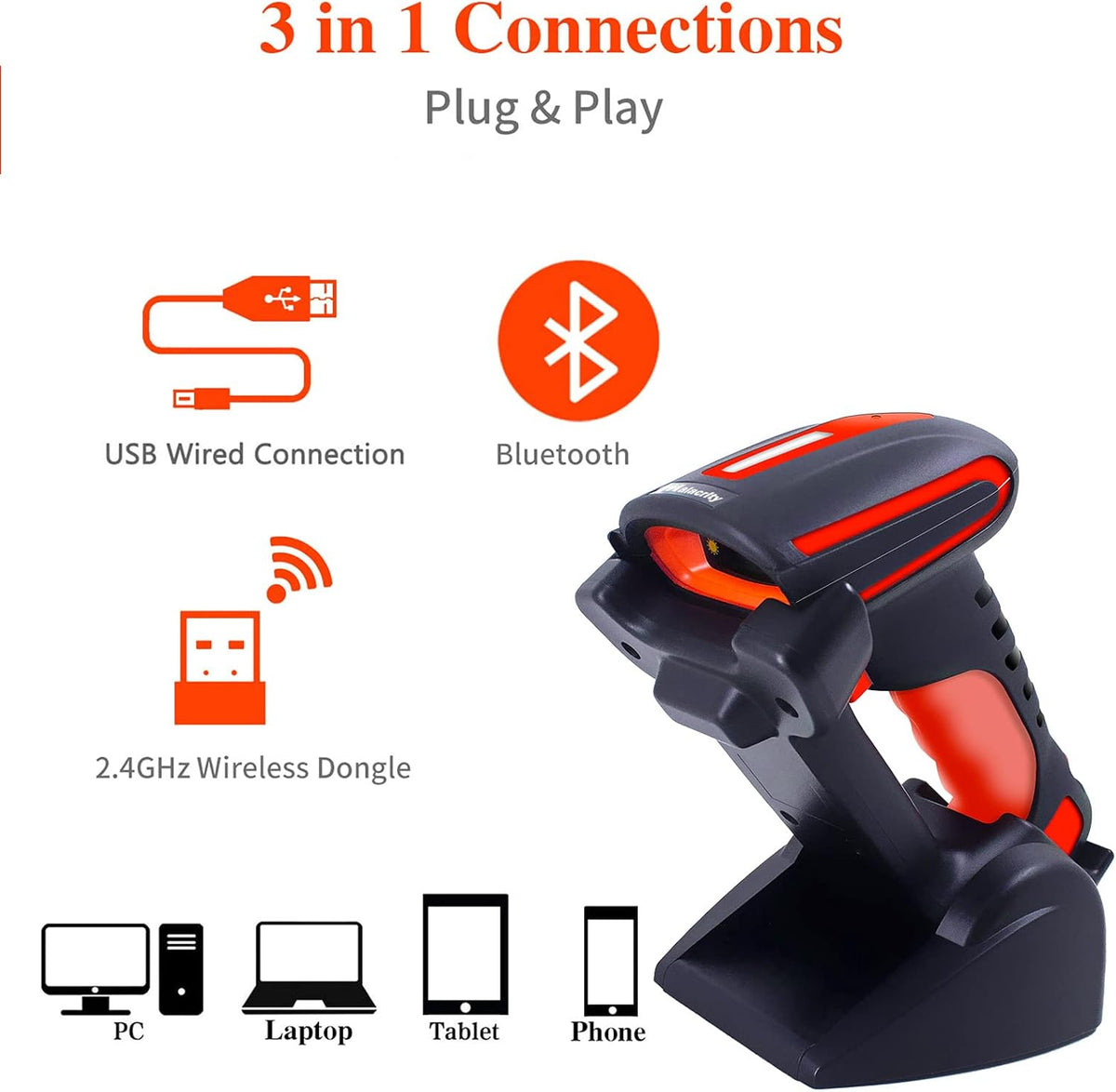 2D 1D QR Industrial Barcode Scanner with Stand, Bluetooth & 2.4GHz Wireless & Wired USB 3in1, Hands Free Barcode Reader, Pack of 2 Y412251